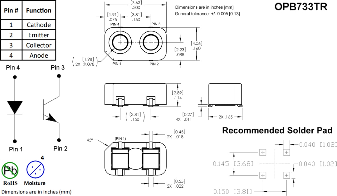 Mechanical Drawing - Optek / TT Electronics OPB733TR Reflective Sensor