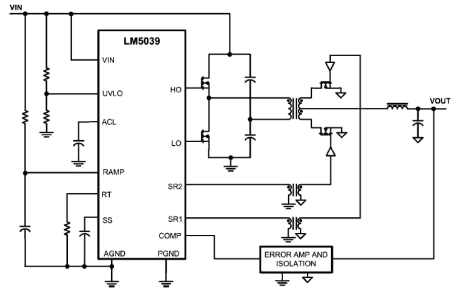 Application Circuit Diagram - Texas Instruments LM5039 Half-Bridge PWM Controller