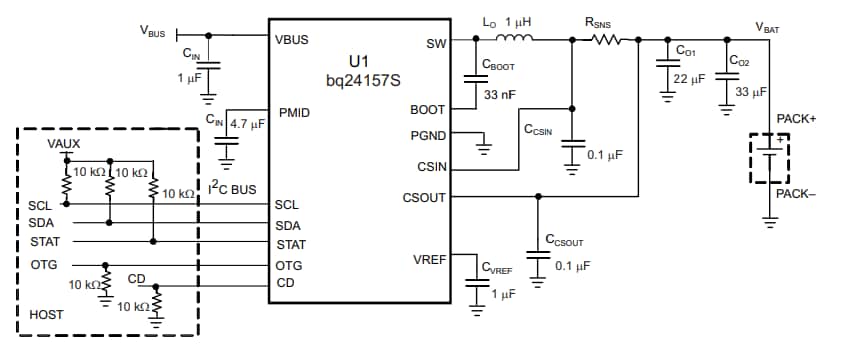Application Circuit Diagram - Texas Instruments bq24157S Switch-Mode One-Cell Li-Ion Charger IC