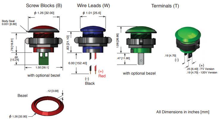 Mechanical Drawing - VCC CNX722 Series 120V LED Panel Mount Indicators
