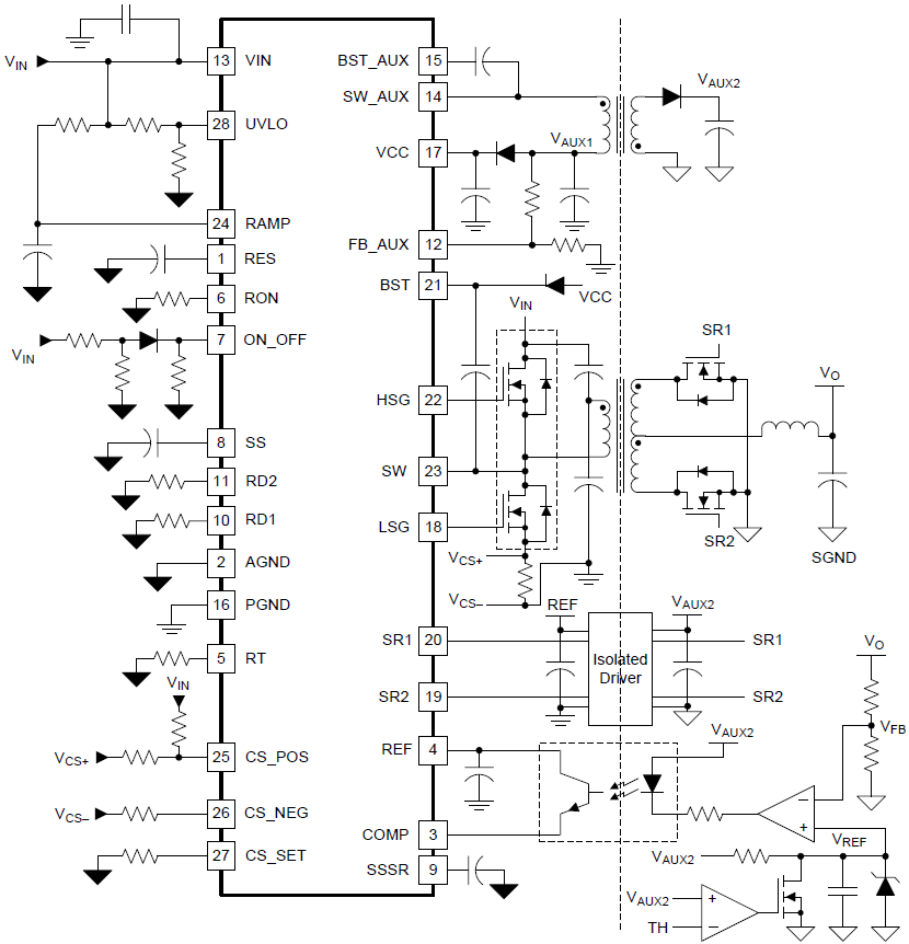 Application Circuit Diagram - Texas Instruments LM5036 Half-Bridge PWM Controller