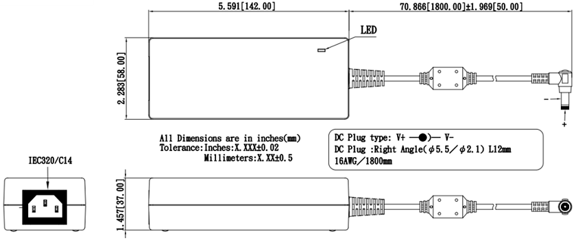 Mechanical Drawing - Cincon TRH100A 100W Switching Adapters