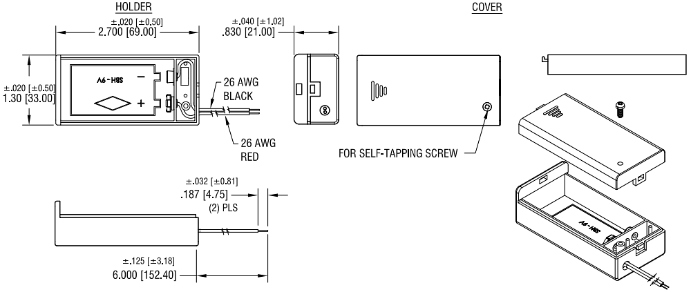 Mechanical Drawing - Keystone Electronics Densi-Pak 9V Battery Holders