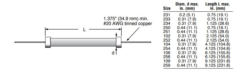 Mechanical Drawing - Ohmite 100 & 200 Series Bulk Ceramic Axial Lead Resistors