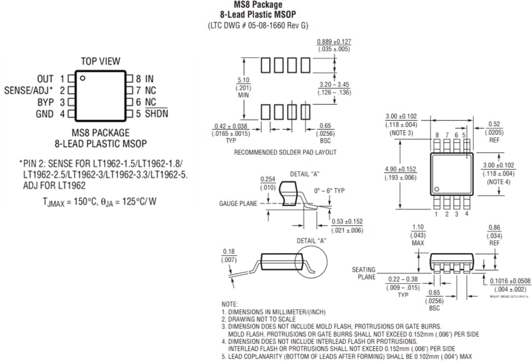Mechanical Drawing - Analog Devices Inc. LT1962 300mA Low Noise Micropower LDO Regulators