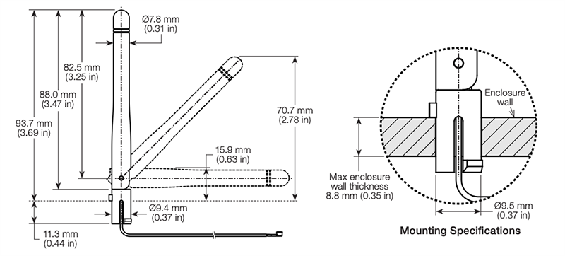 Mechanical Drawing - TE Connectivity / Linx Technologies LPW ISM/WLAN/WiFi Panel-Mount Dipole Antenna