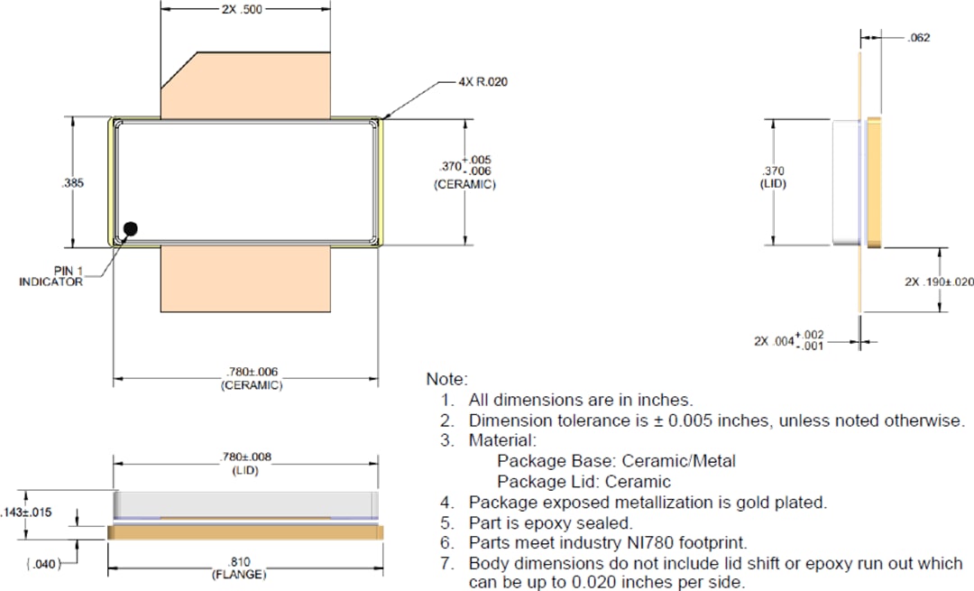 Mechanical Drawing - Qorvo QPD1028 & QPD1028L 750W GaN on SiC Transistors