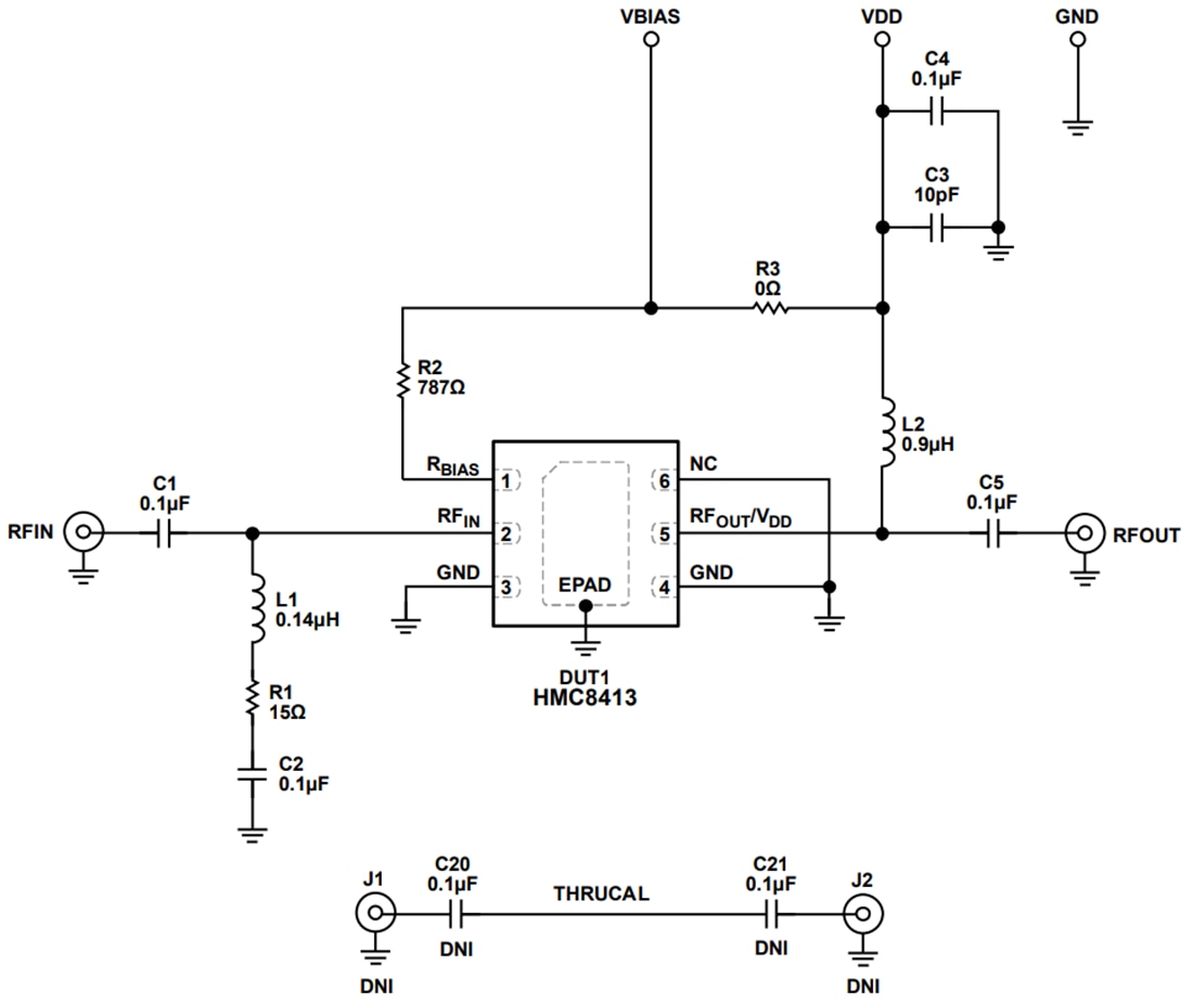 Schematic - Analog Devices Inc. EV1HMC8413LP2F Amplifier Evaluation Board