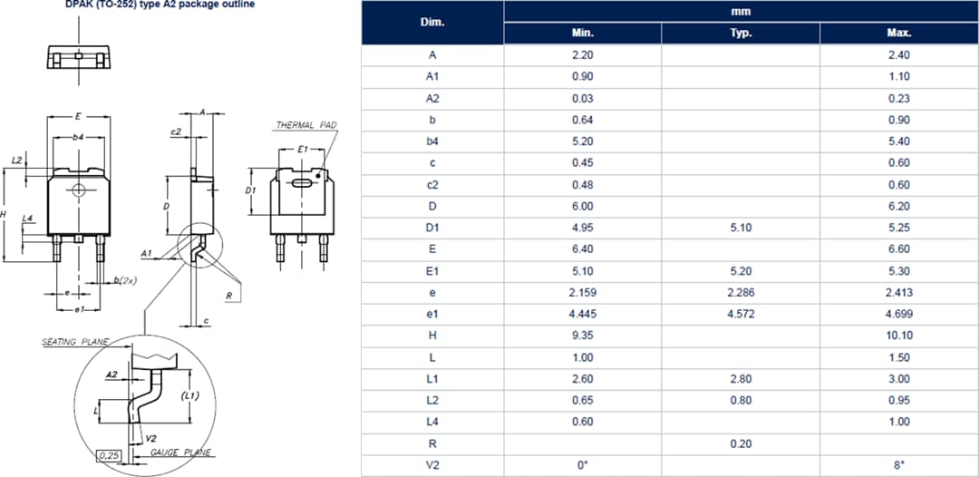 Mechanical Drawing - STMicroelectronics STD80N240K6 800V 16A MDmesh K6 Power MOSFET