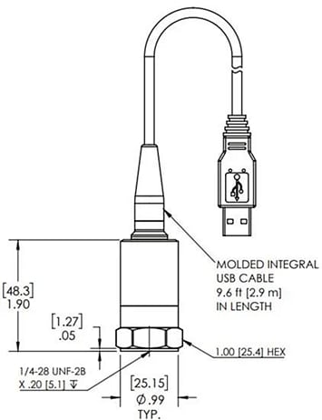 Mechanical Drawing - The Modal Shop 333 Series Digiducer® USB Digital Accelerometers