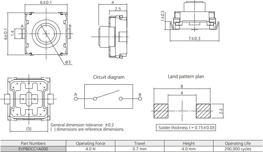 Panasonic Electronic Components EVP-BD 6mm 4N Square Tactile Switch