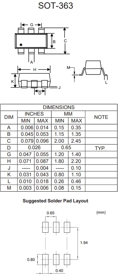 Mechanical Drawing - Micro Commercial Components (MCC) DMMT3904HE3 Dual NPN Transistor