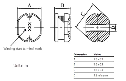Mechanical Drawing - Eaton Electronics LD2-HV Metalized Drum Core Inductors