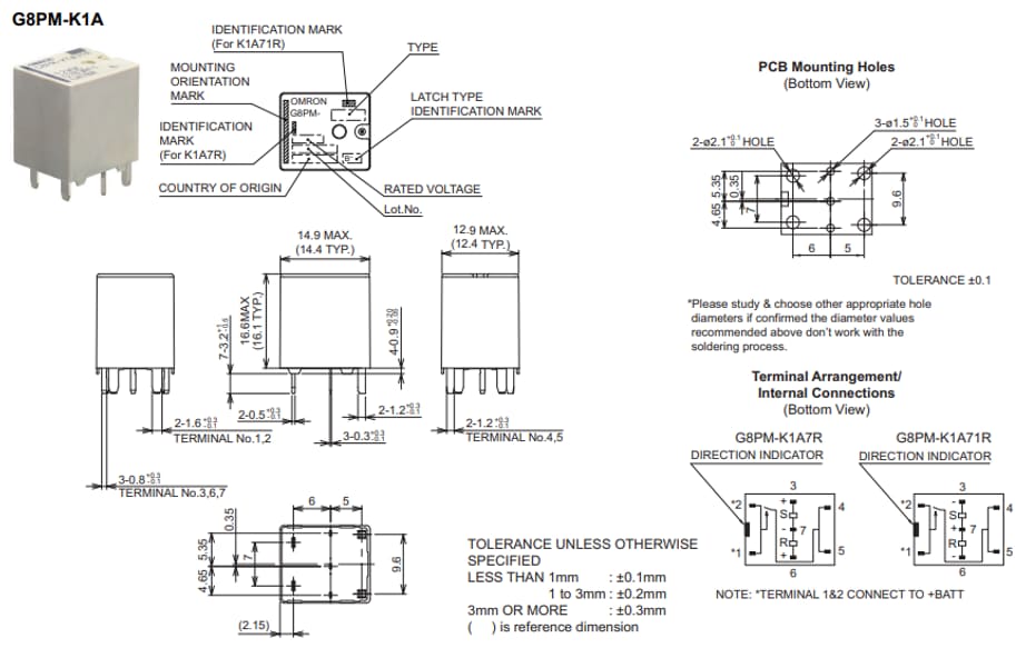 Mechanical Drawing - Omron Electronics G8PM-K Automotive PCB Relays