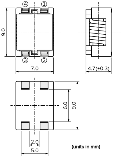 Mechanical Drawing - Murata Electronics UCMH90 Common Mode Choke Coil/Noise Filter