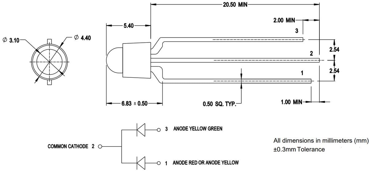 Mechanical Drawing - Broadcom HL3P-6xC0-000x Bicolor LEDs