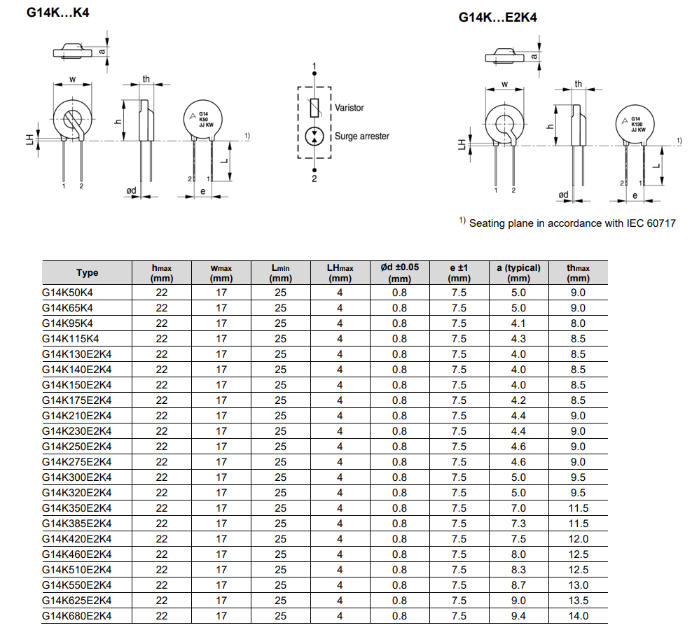 Mechanical Drawing - TDK G14 & G20 G-Series GDT Varistors