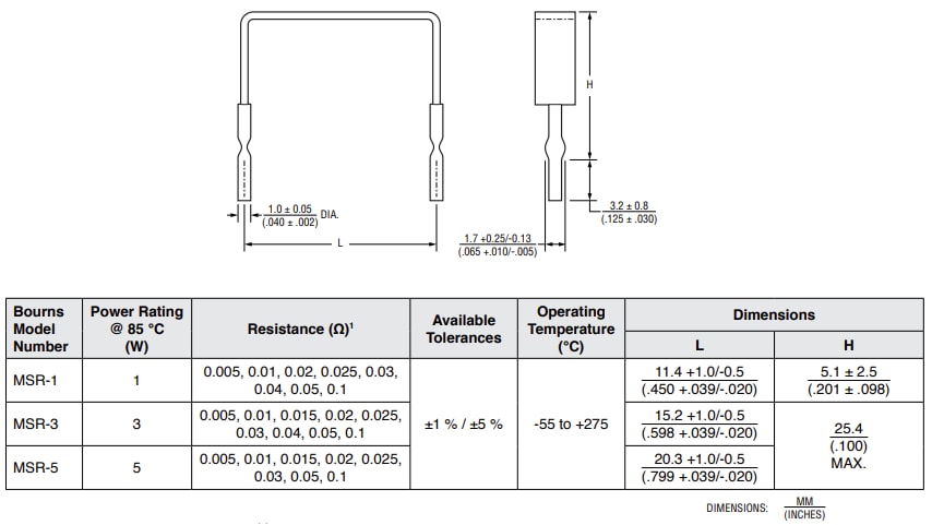 Mechanical Drawing - Bourns MSR Riedon™ Current Sense Resistors