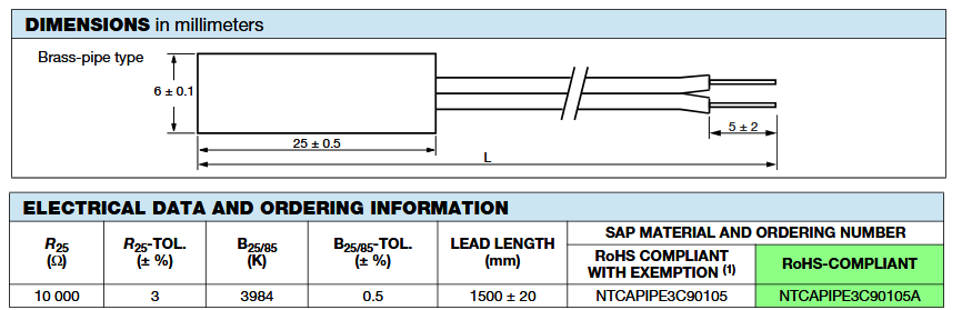 Mechanical Drawing - Vishay / BC Components NTCAPIPE3C90105A Long Lead NTC Thermistor Sensors