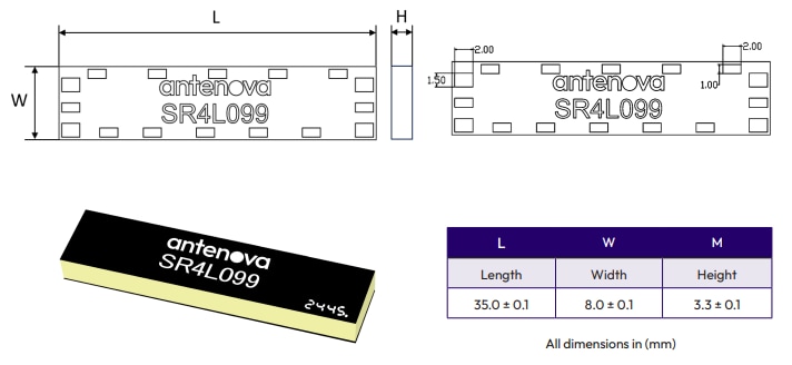 Mechanical Drawing - Antenova SR4L099 lamiiANT® SMD Cellular Antenna