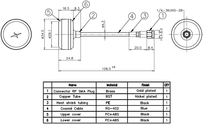 Mechanical Drawing - Taoglas WCM.30 RC Drone FPV Antenna